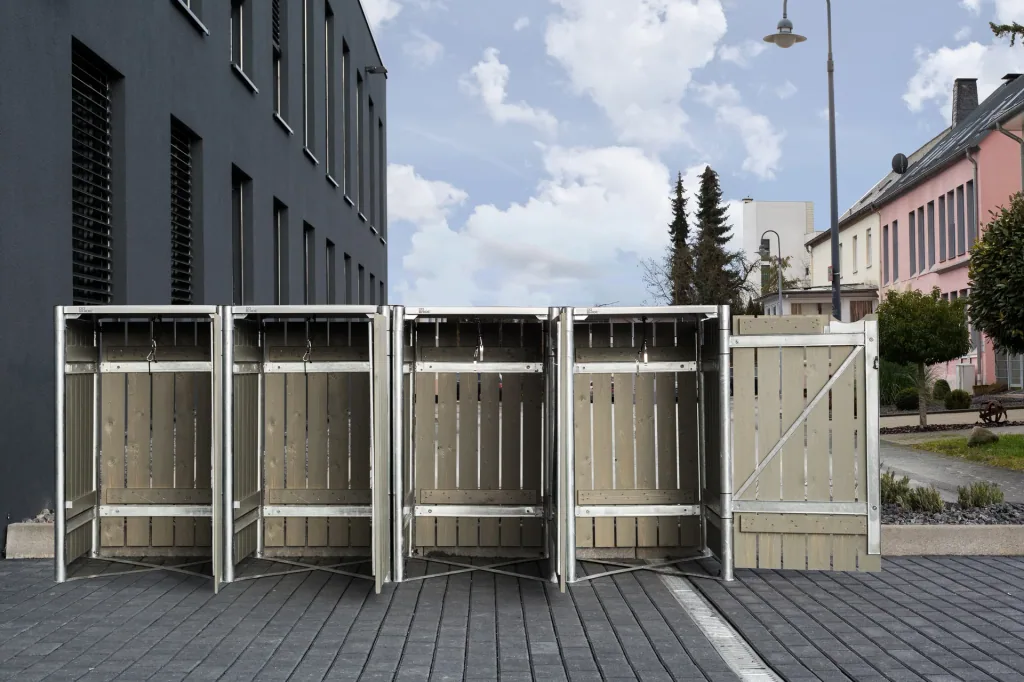 Garbage can box 4-compartment, natural wood grey, for 240 l bins
