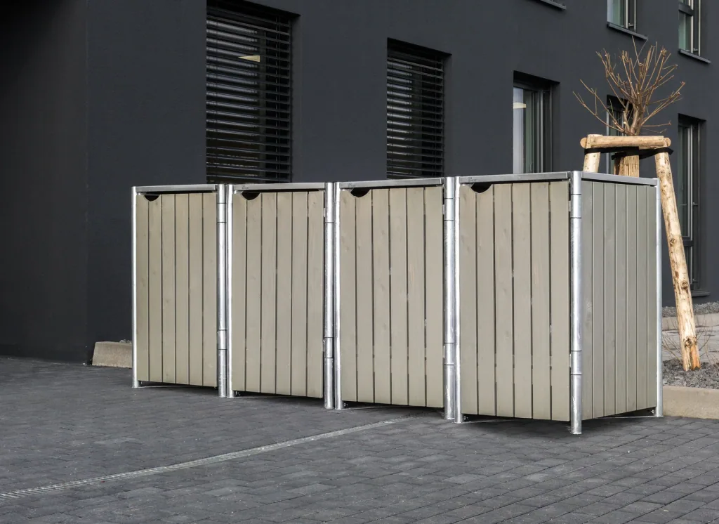 Garbage can box 4-compartment, natural wood grey, for 240 l bins