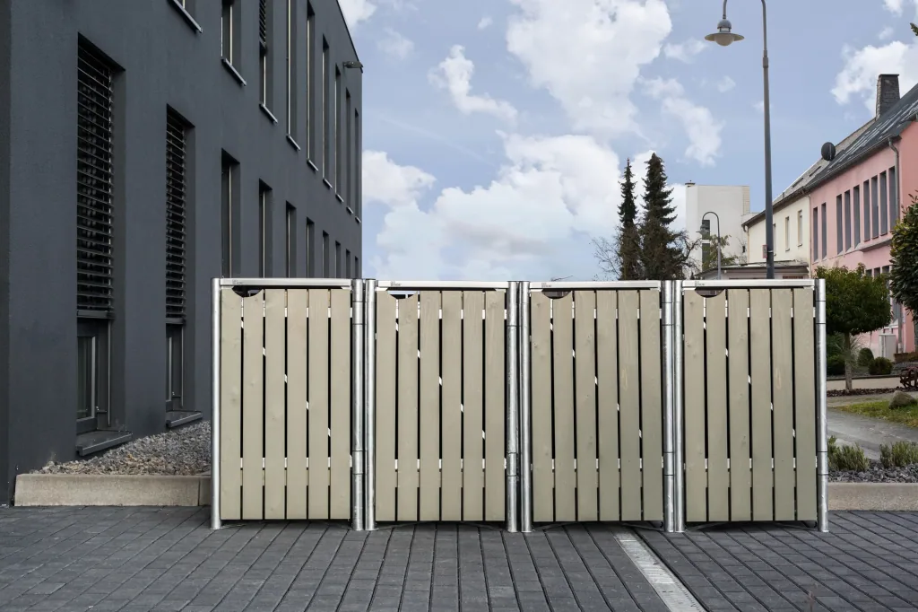 Garbage can box 4-compartment, natural wood grey, for 240 l bins