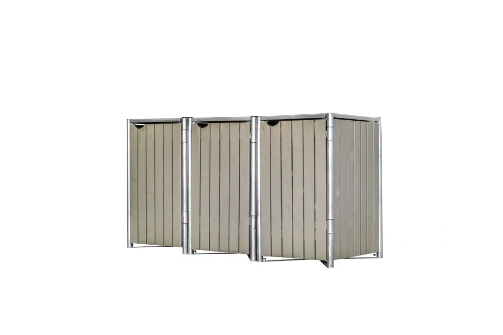 Garbage can box 3-compartment, natural wood grey, for 240 l bins