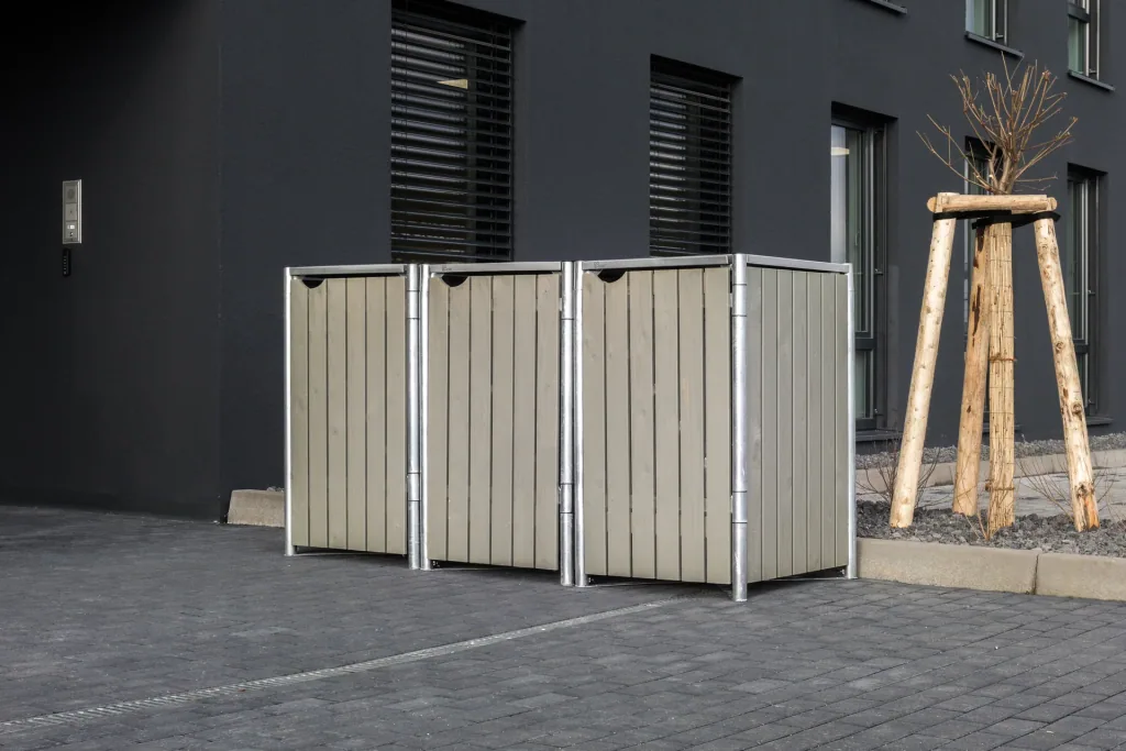 Garbage can box 3-compartment, natural wood grey, for 240 l bins