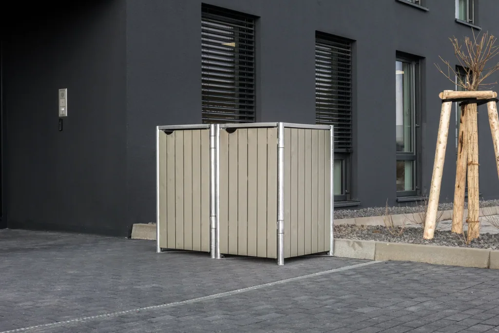 Garbage can box 2-compartment, wood natural grey, for 240 l bins