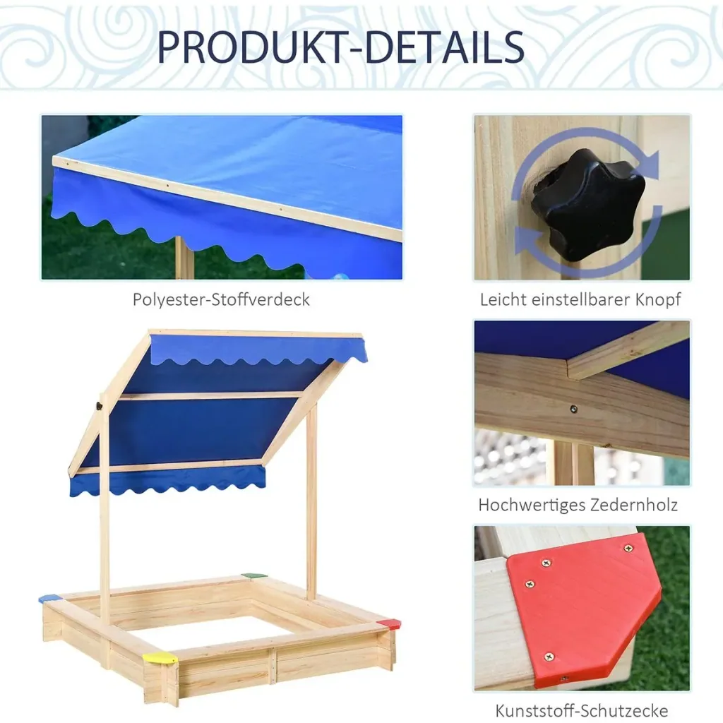 Sandpit with adjustable roof naur, blue