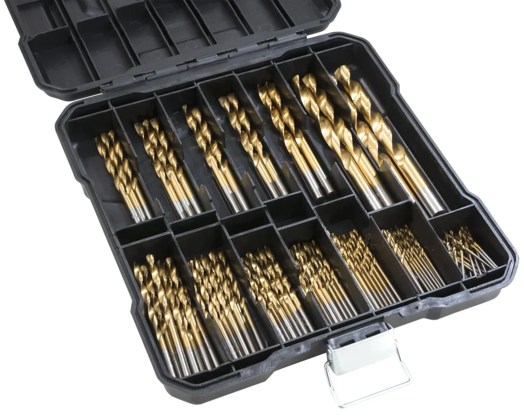 100-piece titanium HSS drill bit assortment including 100 ml rust remover free of charge