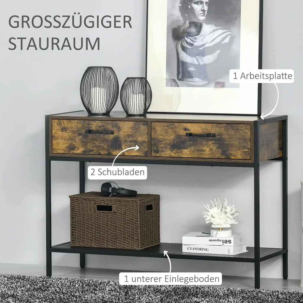 Console table with 2 drawers storage shelf industrial design hall table side table sideboard for living room hallway metal