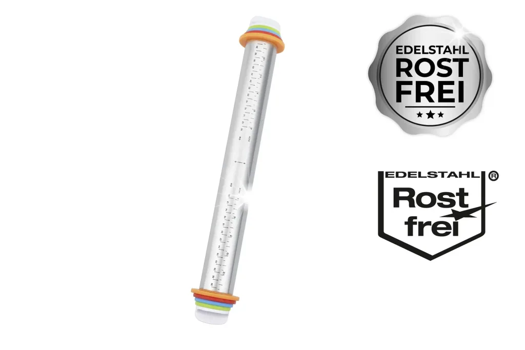 Stainless steel rolling pin with spacers and measuring scale