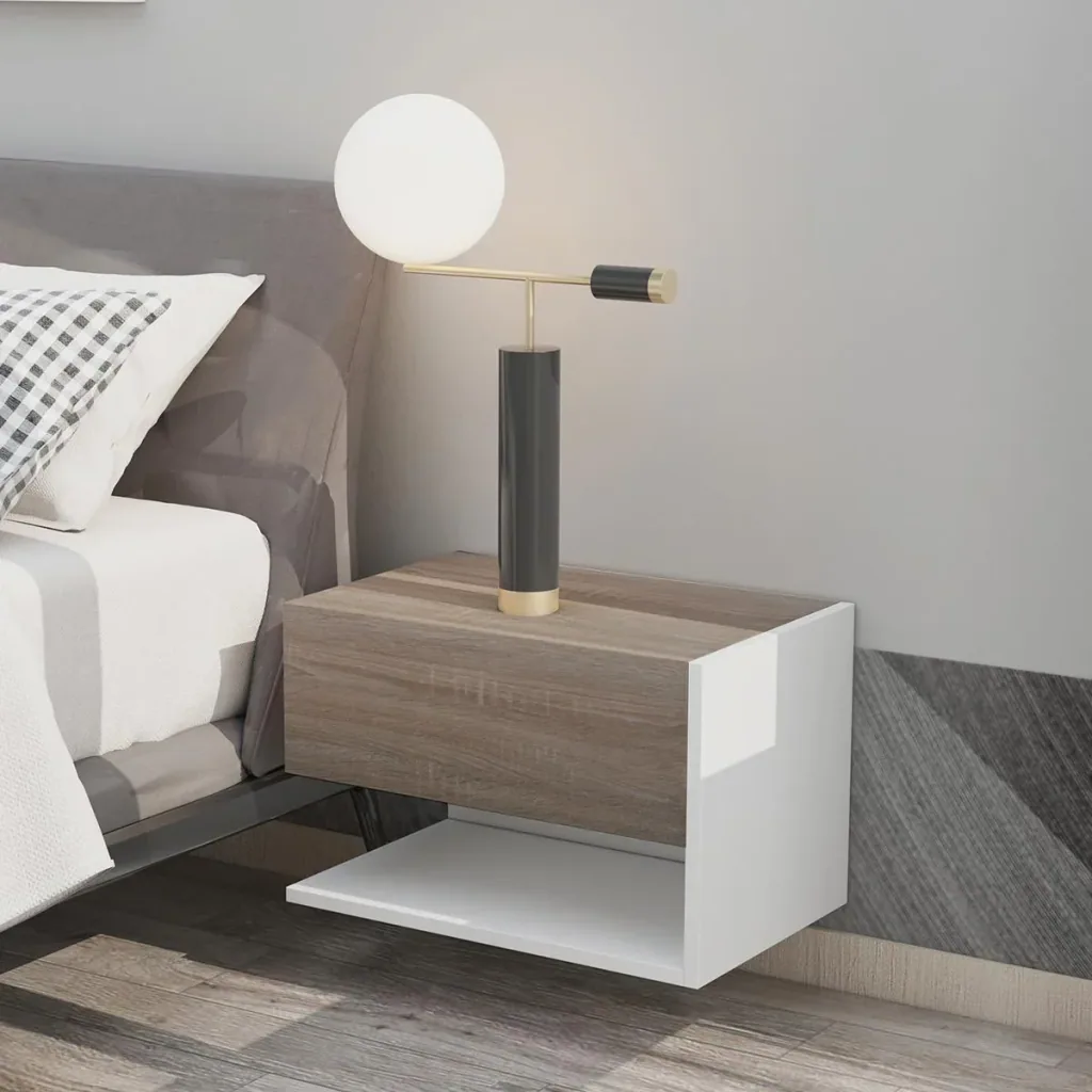 2-piece wall-mounted bedside table, wall cabinet with drawer, bedroom nightstand, side table, chipboard, oak