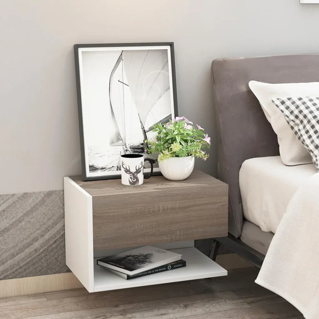 2-piece wall-mounted bedside table, wall cabinet with drawer, bedroom nightstand, side table, chipboard, oak
