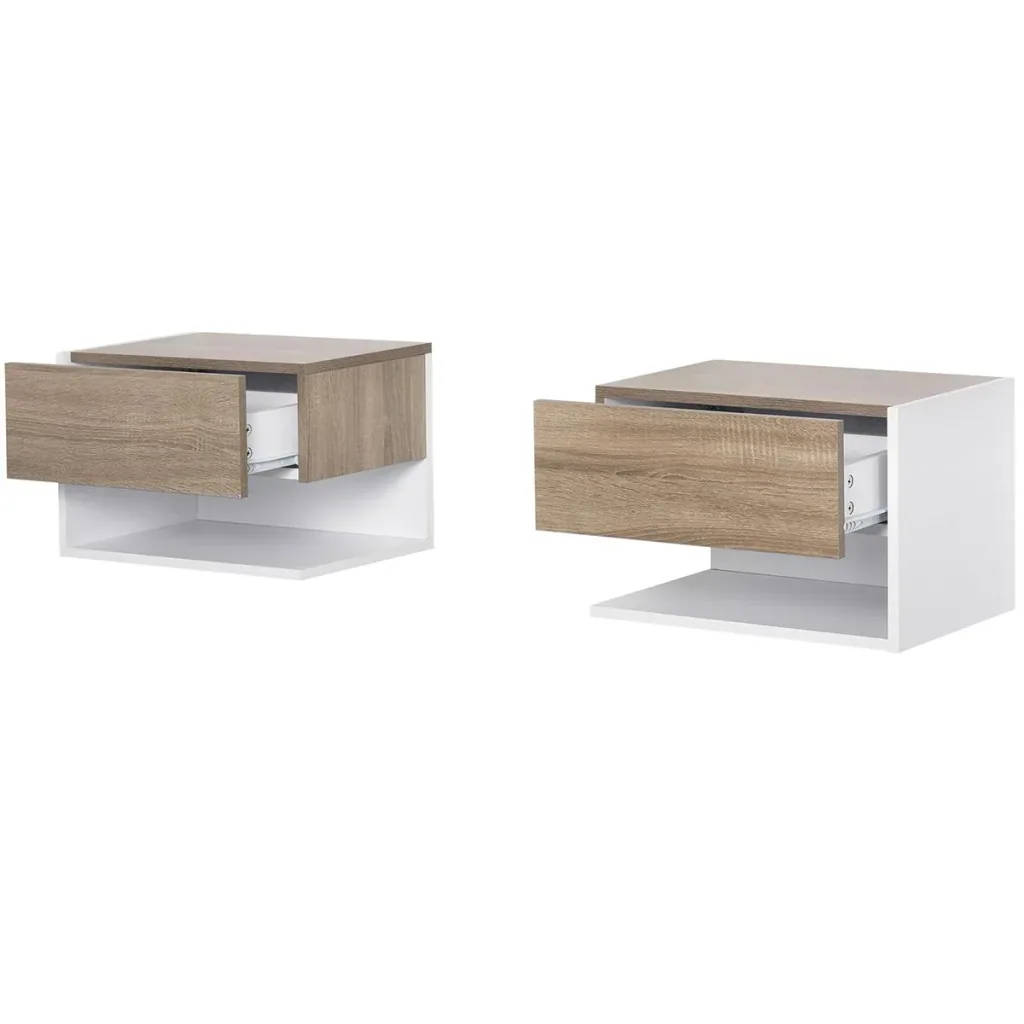 2-piece wall-mounted bedside table, wall cabinet with drawer, bedroom nightstand, side table, chipboard, oak