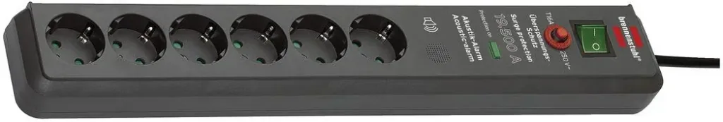 Secure-Tec 6-way power strip with 19,500A surge protection and acoustic warning signal, grey