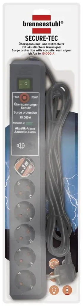 Secure-Tec 6-way power strip with 19,500A surge protection and acoustic warning signal, grey