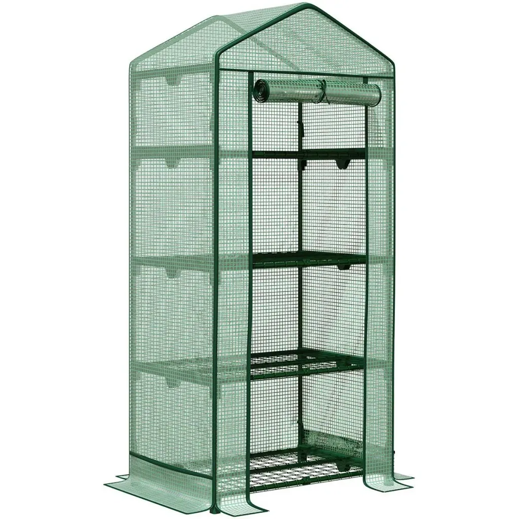 Mini greenhouse with film cover and 4 shelves, rolling door, vegetable bed, green, 69 x 49 x 158 cm