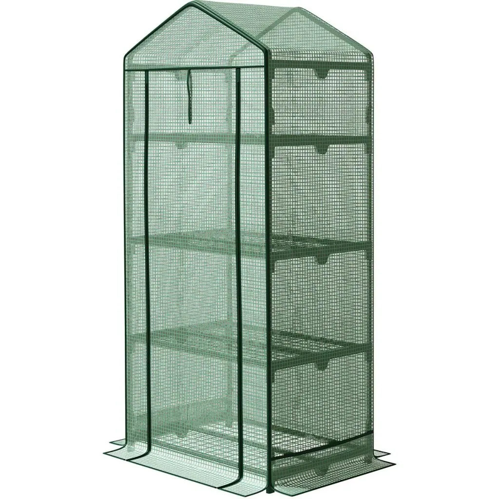Mini greenhouse with film cover and 4 shelves, rolling door, vegetable bed, green, 69 x 49 x 158 cm
