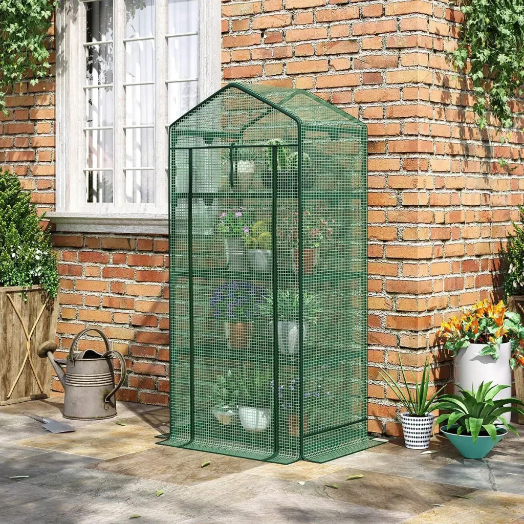 Mini greenhouse with film cover and 4 shelves, rolling door, vegetable bed, green, 69 x 49 x 158 cm