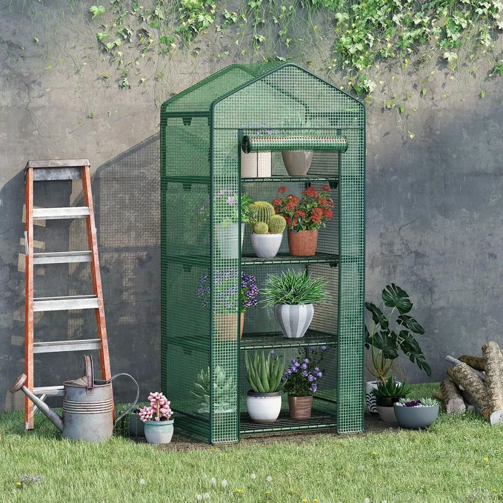 Mini greenhouse with film cover and 4 shelves, rolling door, vegetable bed, green, 69 x 49 x 158 cm