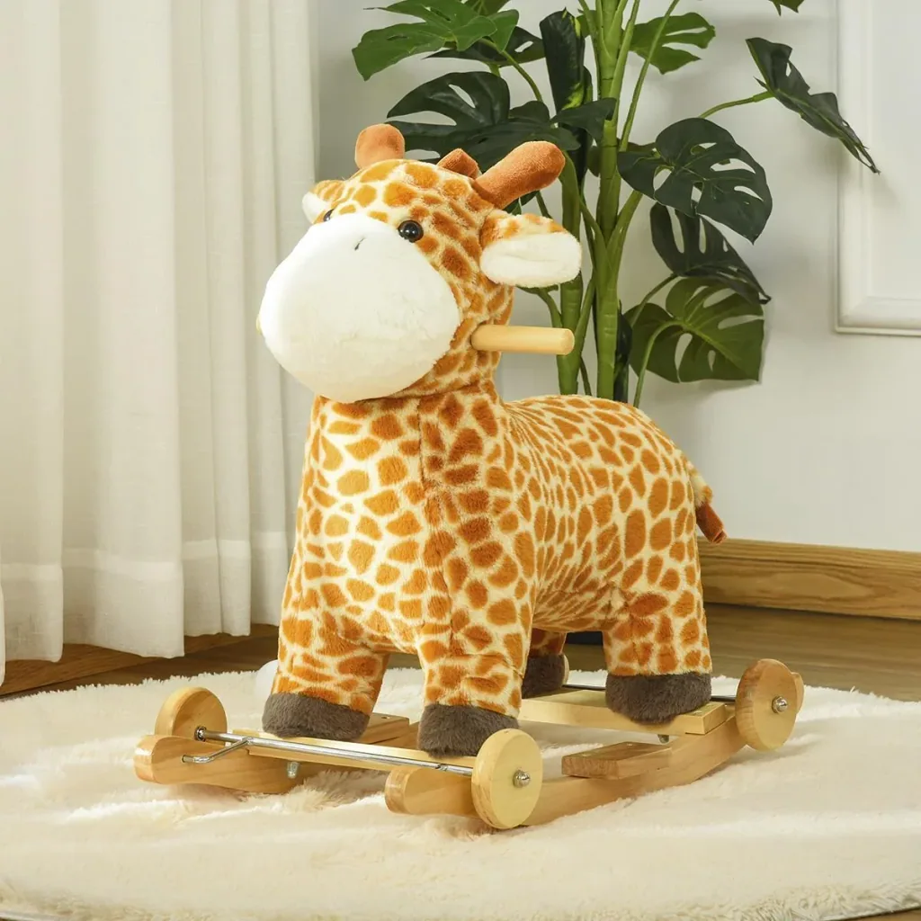 2-in-1 rocking horse with wheels plush rocking animal baby swing toy for 36-72 months giraffe design yellow 63 x 38