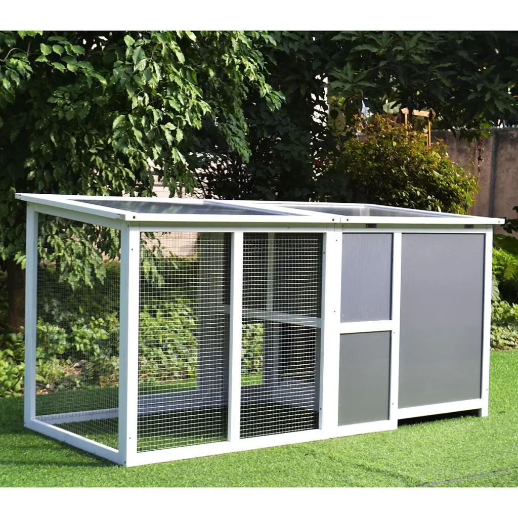 Chicken coop suitable for 2-4 chickens, with nesting box and egg box with 2 compartments, fir, grey and white, 160 x 75 x 80