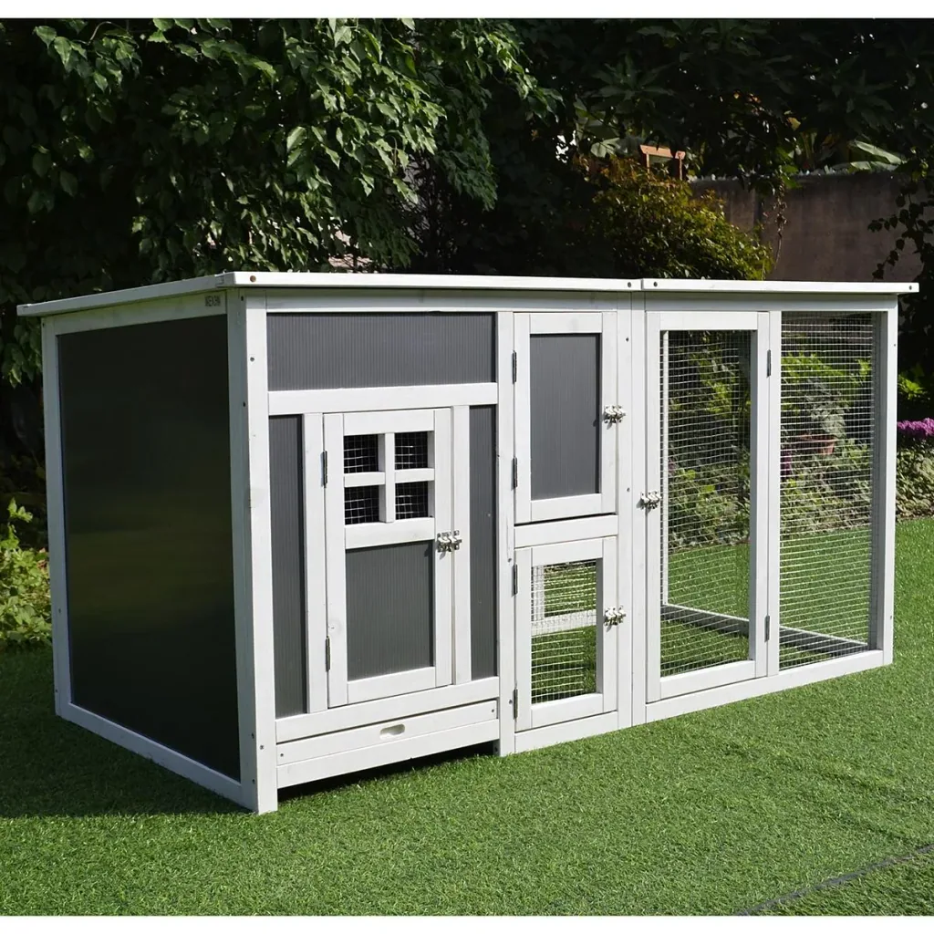 Chicken coop suitable for 2-4 chickens, with nesting box and egg box with 2 compartments, fir, grey and white, 160 x 75 x 80