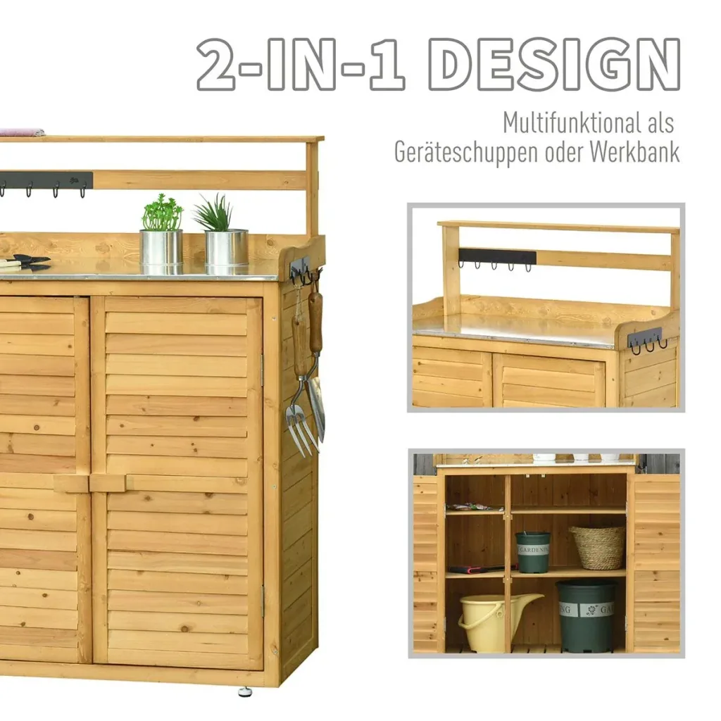 Garden cabinet Planting table with base cabinet Tool cabinet with work surface 3 compartments Garden table with base cabinet 2 doors