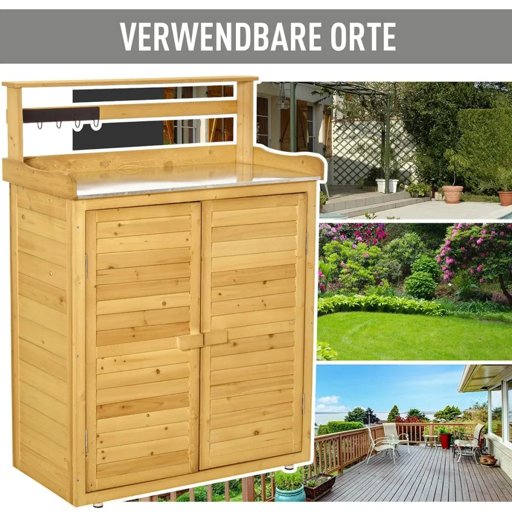 Garden cabinet Planting table with base cabinet Tool cabinet with work surface 3 compartments Garden table with base cabinet 2 doors
