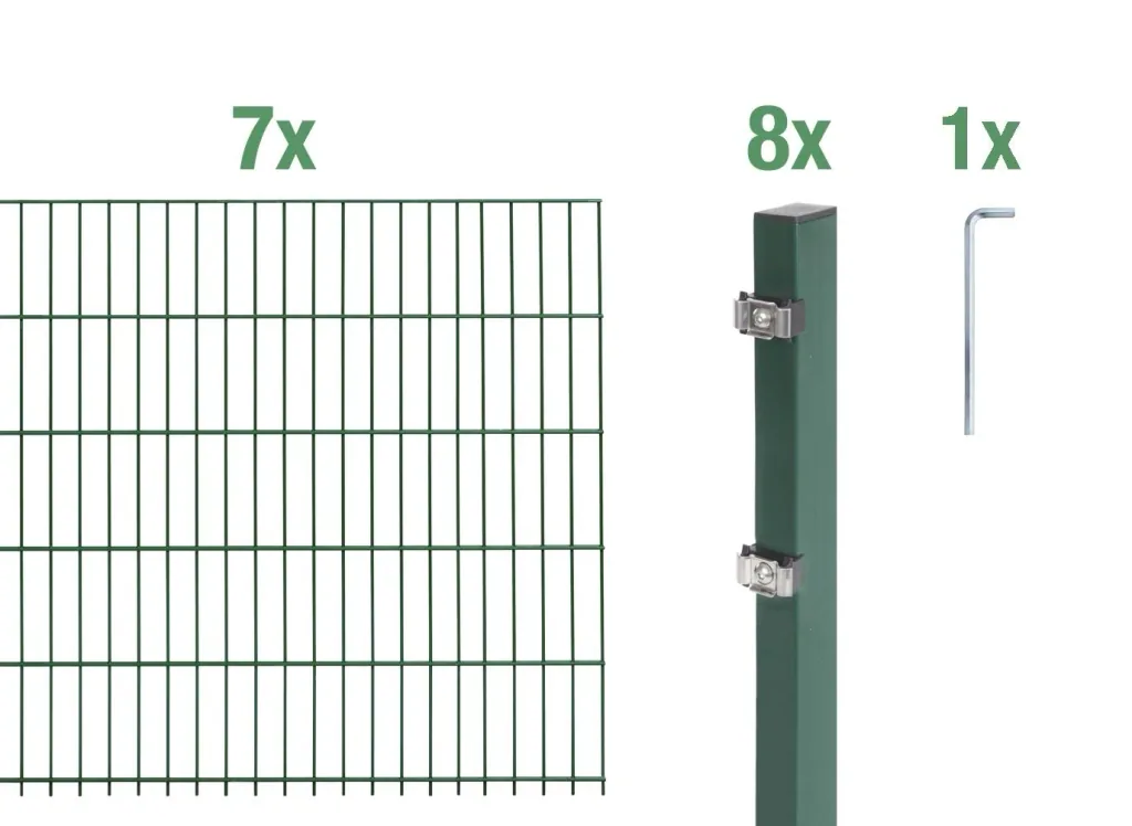 Double rod mesh fence complete set, green, height 80 cm, length 14 m