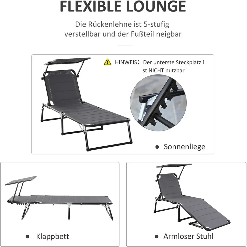 Garden lounger with sun protection dark grey
