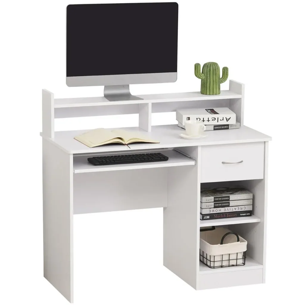 Computer desk, office desk, gaming desk, PC desk with drawer, E1 chipboard, white, 104 x 48 x 95.5 cm