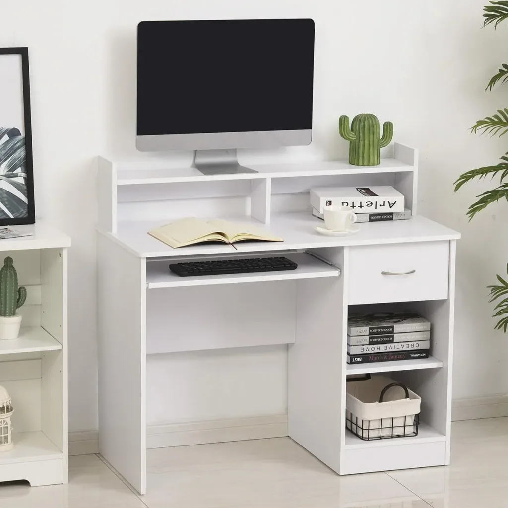 Computer desk, office desk, gaming desk, PC desk with drawer, E1 chipboard, white, 104 x 48 x 95.5 cm