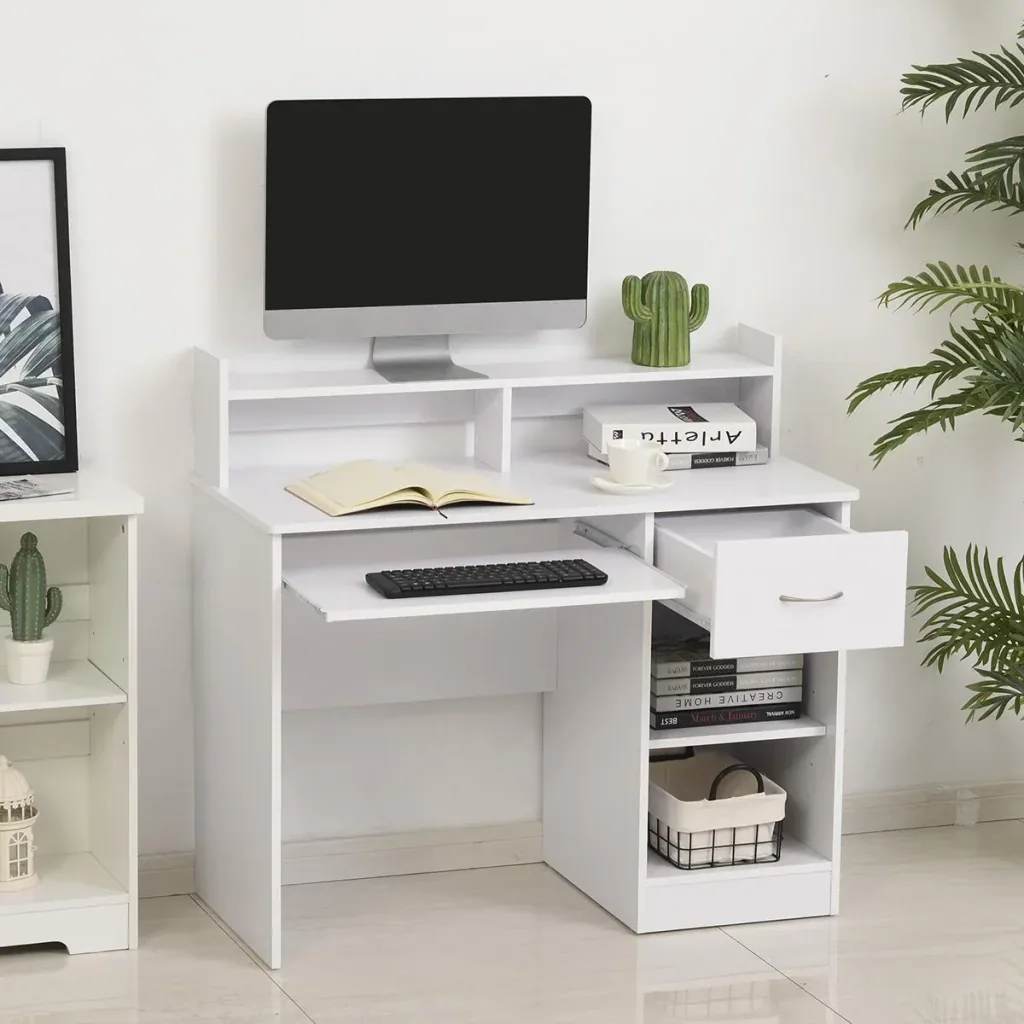 Computer desk, office desk, gaming desk, PC desk with drawer, E1 chipboard, white, 104 x 48 x 95.5 cm
