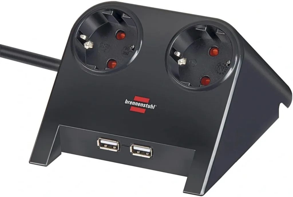 Power USB 2-way table socket with 2 USB charging ports in black