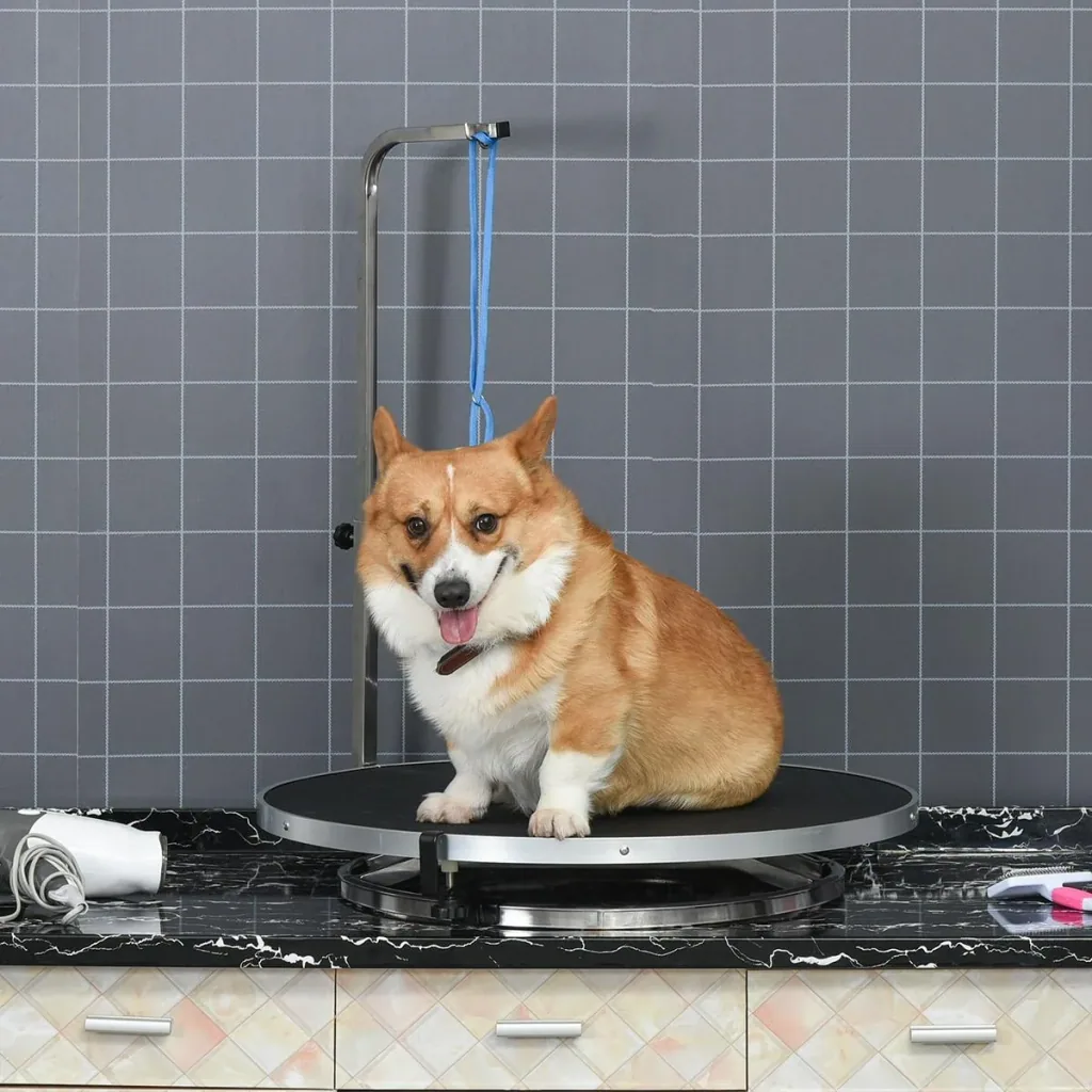 Dog grooming table, rotating drying table with adjustable arm, non-slip table top, locking system