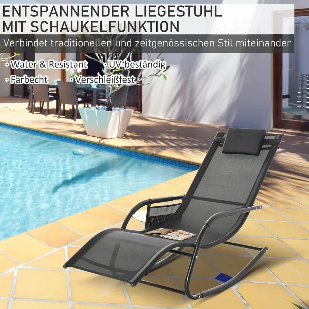 Rocking chair, swing chair, garden chair, rocking lounger, metal mesh, black, 150 x 62 x 88 cm
