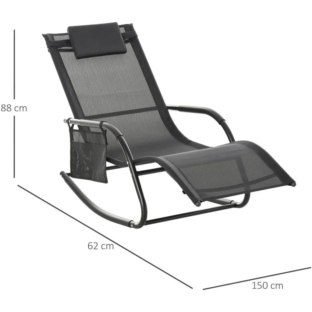 Rocking chair, swing chair, garden chair, rocking lounger, metal mesh, black, 150 x 62 x 88 cm