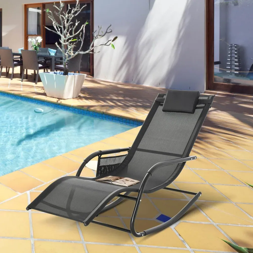 Rocking chair, swing chair, garden chair, rocking lounger, metal mesh, black, 150 x 62 x 88 cm