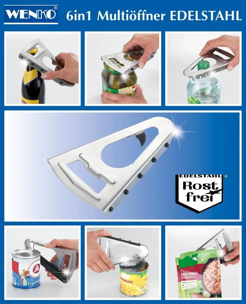 6-in-1 multi-opener made of stainless steel