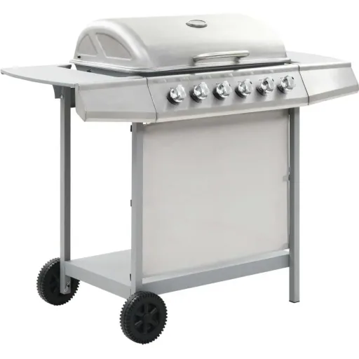 Gas grill with 6 cooking burners steel silver