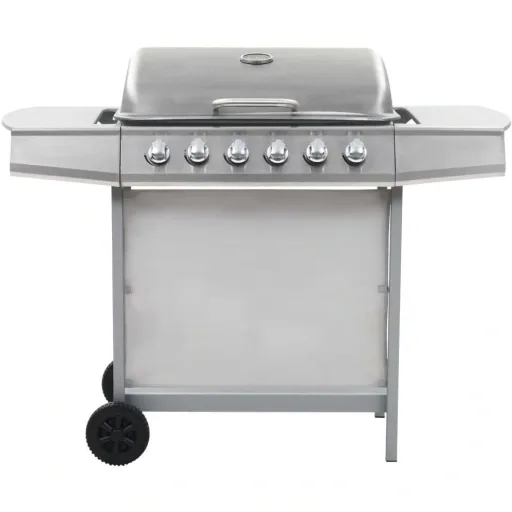 Gas grill with 6 cooking burners steel silver