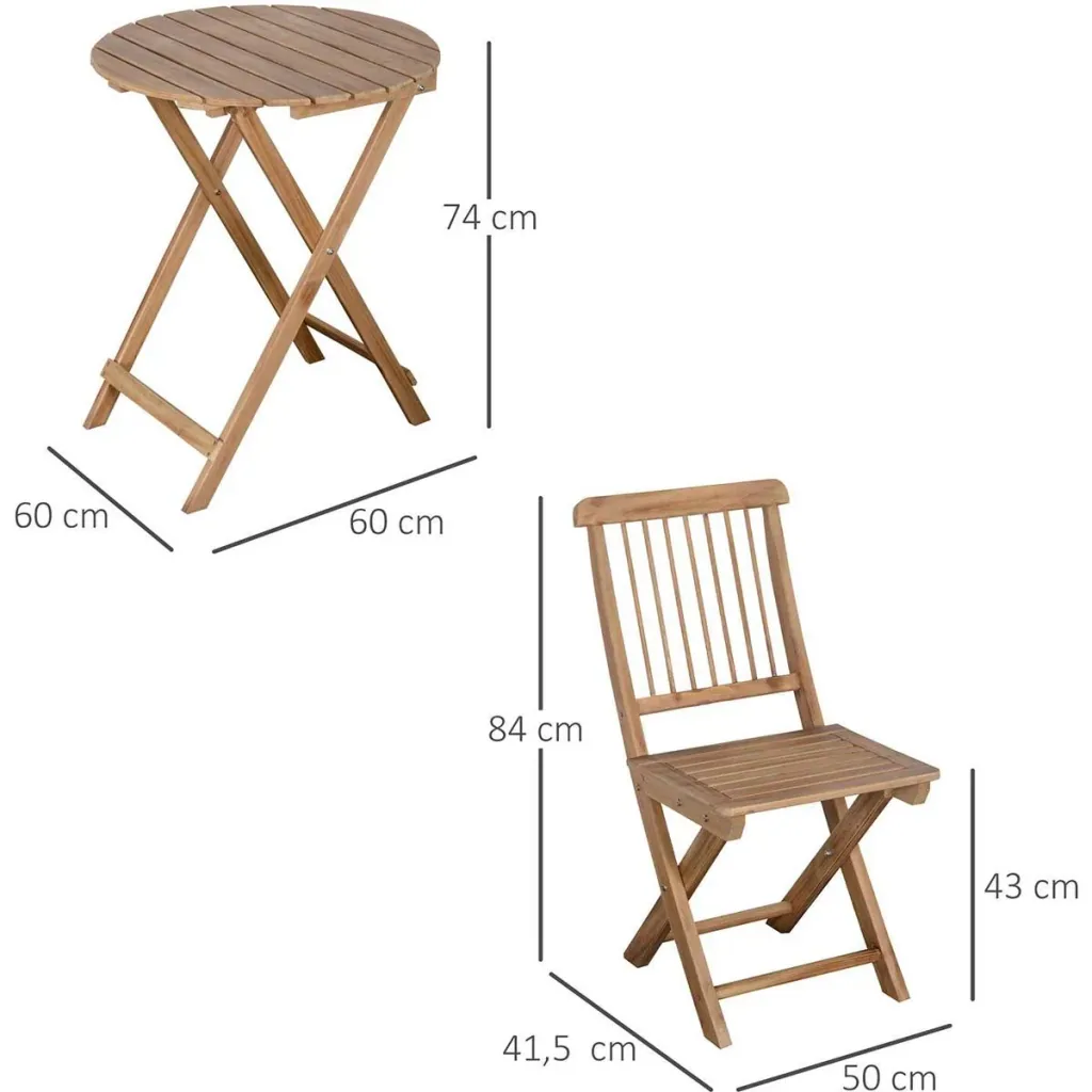 3-piece bistro set. Folding wooden garden set. Balcony bistro table with 2 chairs. Garden furniture natural.