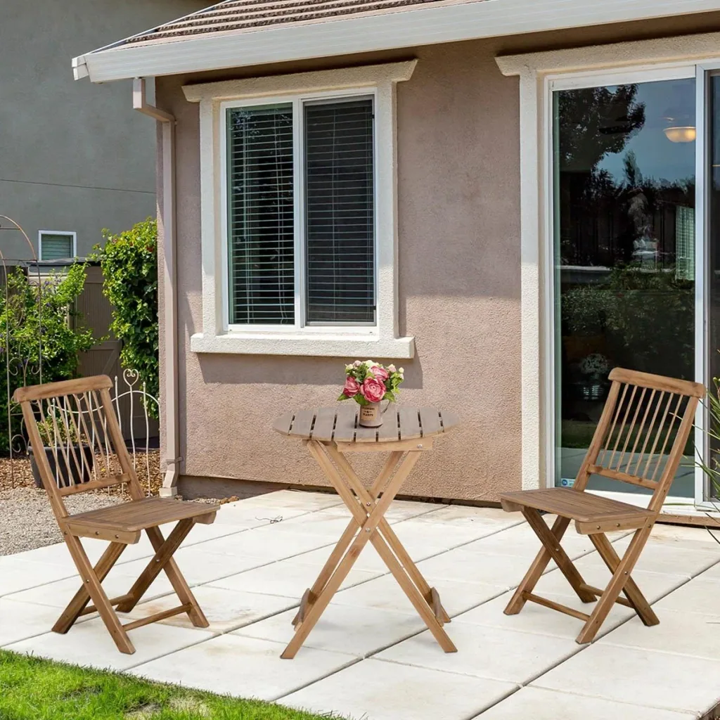 3-piece bistro set. Folding wooden garden set. Balcony bistro table with 2 chairs. Garden furniture natural.