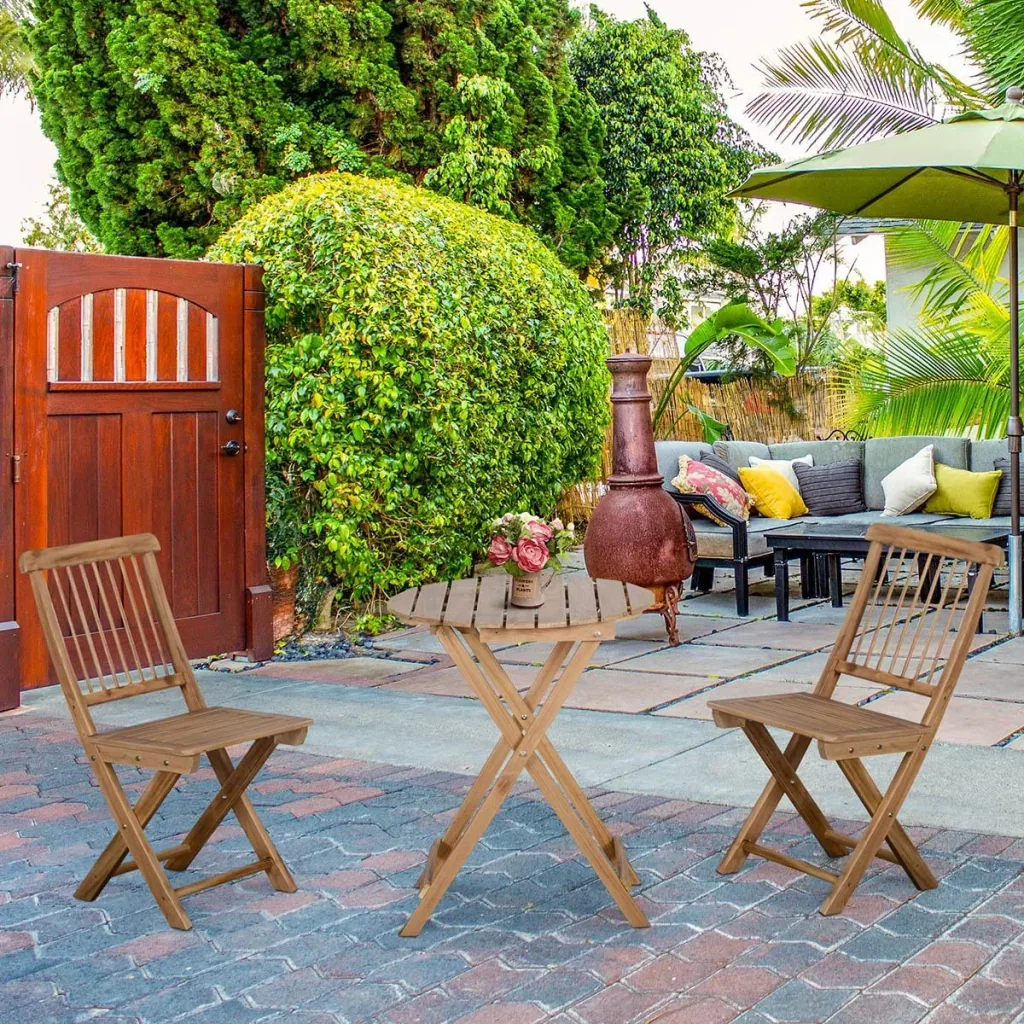 3-piece bistro set. Folding wooden garden set. Balcony bistro table with 2 chairs. Garden furniture natural.
