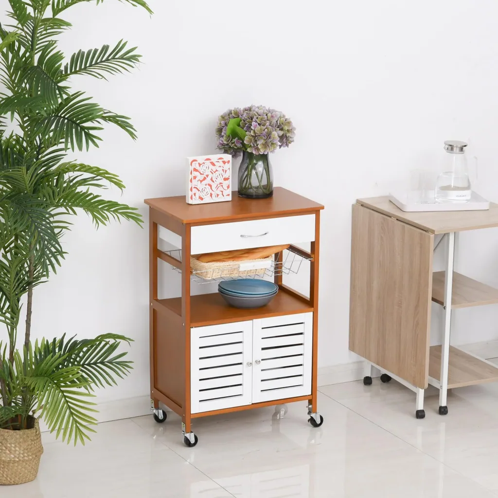 Kitchen trolley with wheels and chest of drawers brown