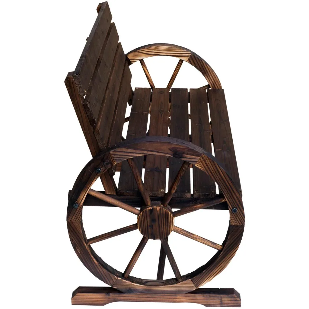 Garden bench with wagon wheel with armrest