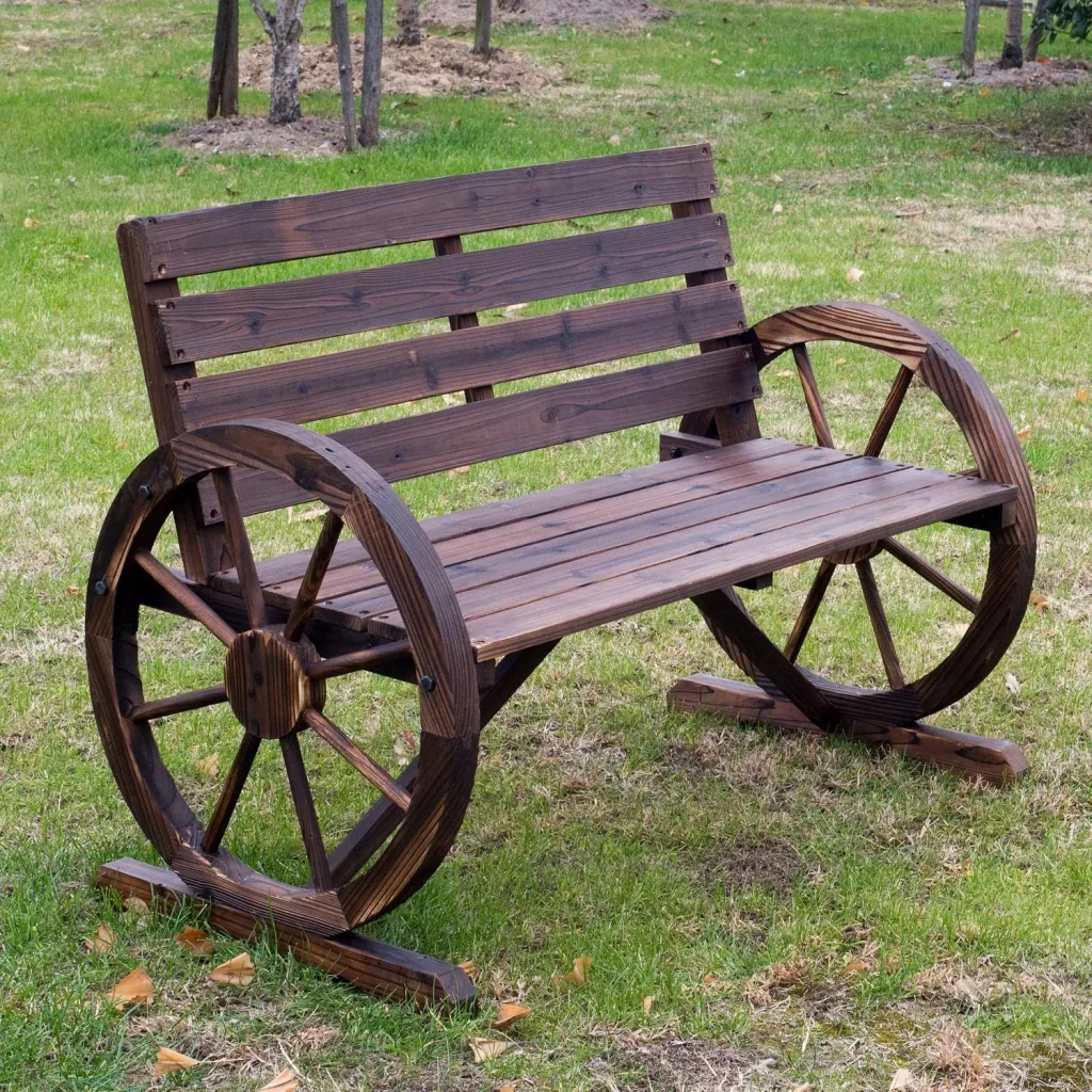 Garden bench with wagon wheel with armrest