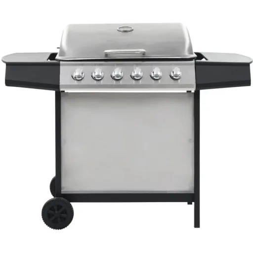 Gas grill with 6 cooking burners made of stainless steel silver