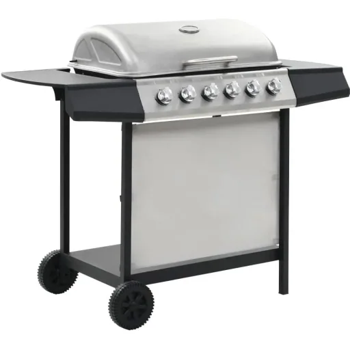 Gas grill with 6 cooking burners made of stainless steel silver