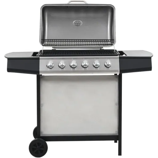 Gas grill with 6 cooking burners made of stainless steel silver
