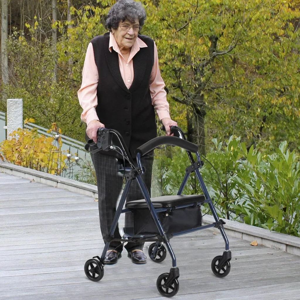 Rollator walking aid for seniors height adjustable foldable steel black