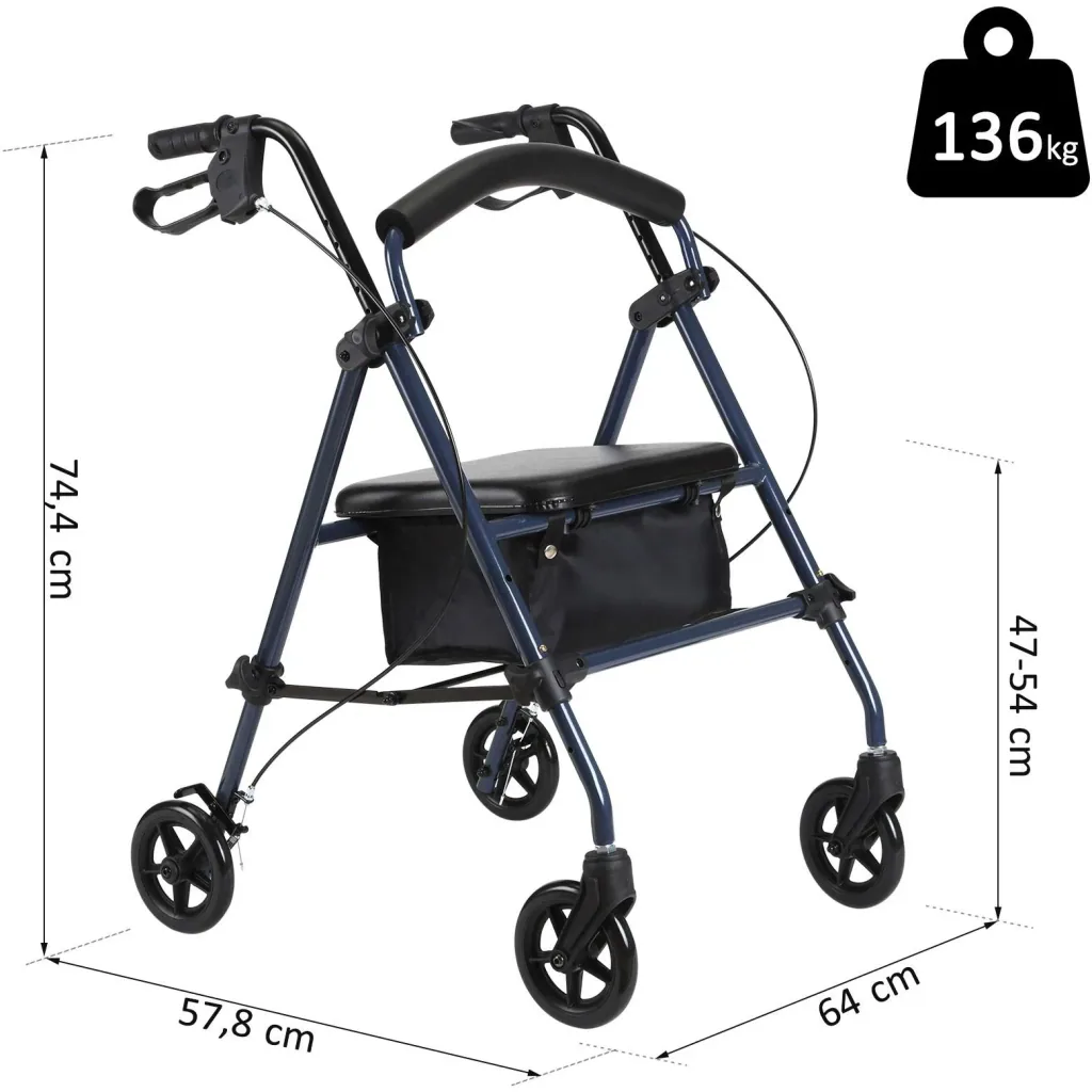 Rollator walking aid for seniors height adjustable foldable steel black