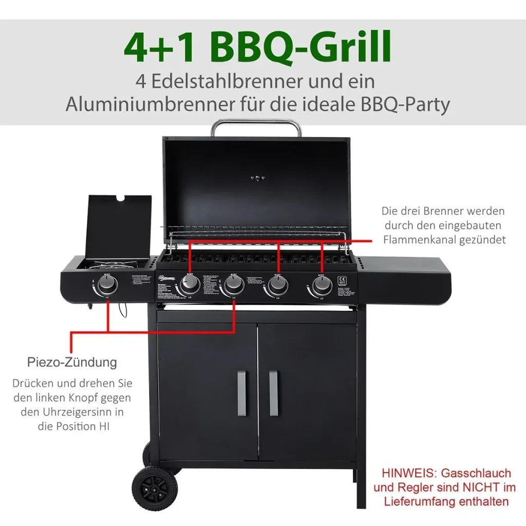 Gas grill BBQ grill cart with 4 burners 1 side burner cabinet multifunction metal black 125 x 51 x 100 cm