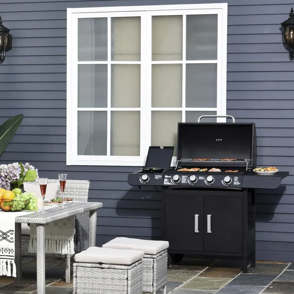 Gas grill BBQ grill cart with 4 burners 1 side burner cabinet multifunction metal black 125 x 51 x 100 cm